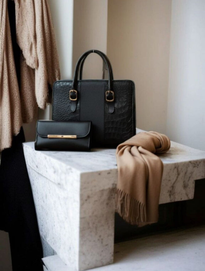 Velora Croc-Embossed Ladies Handbag Set | Matching Purse & Bag Combo | Croc pattern handbag set | Luxury faux leather purse combo | Matching ladies bag and wallet | Structured top-handle tote | Elegant embossed shoulder bag