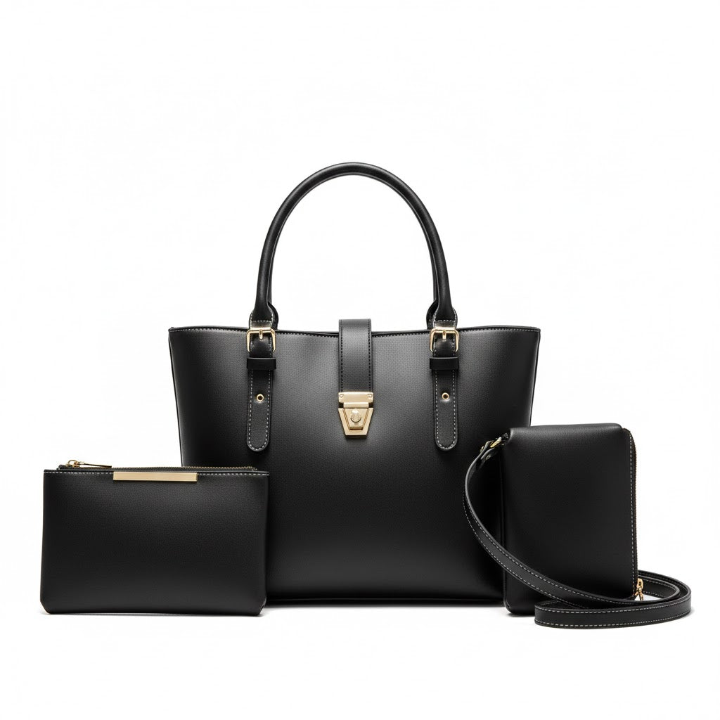 3-in-1 PU Leather Handbag Set: Shoulder Bag, Crossbody & Clutch Purse | Ladies Purse Combo | Tote Shoulder Bag Set | Vegan Leather Handbag | Designer Bag 3 Piece | Large Capacity Handbags