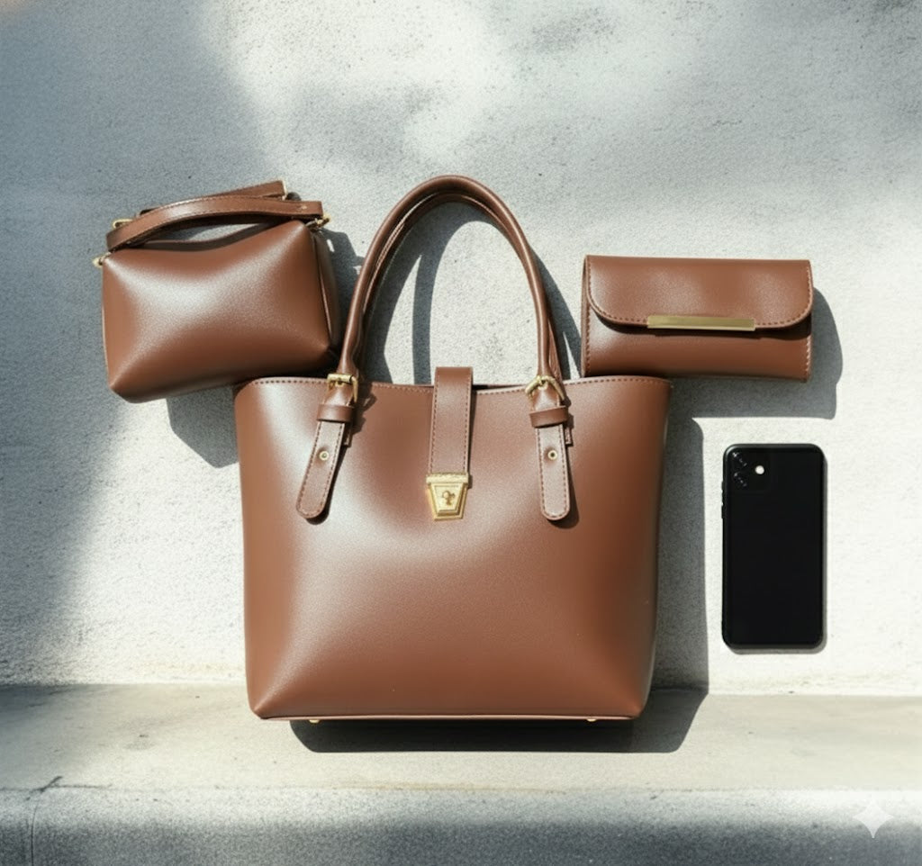 3-in-1 PU Leather Handbag Set: Shoulder Bag, Crossbody & Clutch Purse | Ladies Purse Combo | Tote Shoulder Bag Set | Vegan Leather Handbag | Designer Bag 3 Piece | Large Capacity Handbags