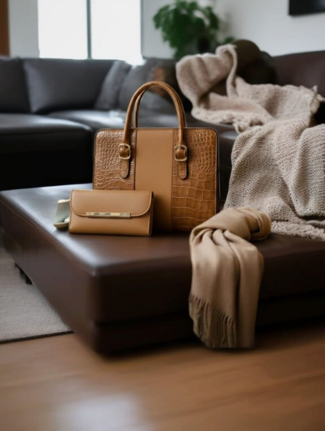 Velora Croc-Embossed Ladies Handbag Set | Matching Purse & Bag Combo | Croc pattern handbag set | Luxury faux leather purse combo | Matching ladies bag and wallet | Structured top-handle tote | Elegant embossed shoulder bag