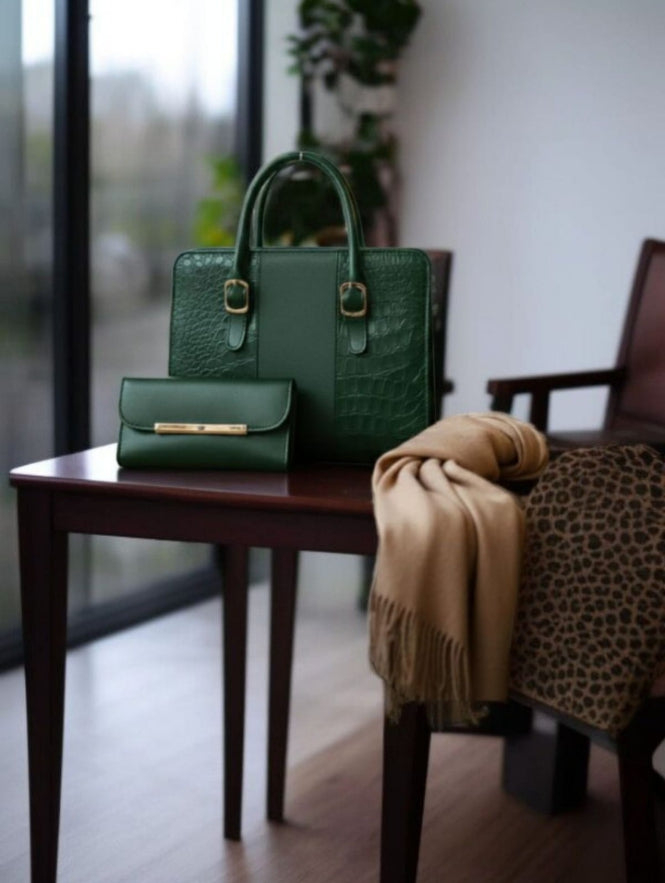 Velora Croc-Embossed Ladies Handbag Set | Matching Purse & Bag Combo | Croc pattern handbag set | Luxury faux leather purse combo | Matching ladies bag and wallet | Structured top-handle tote | Elegant embossed shoulder bag