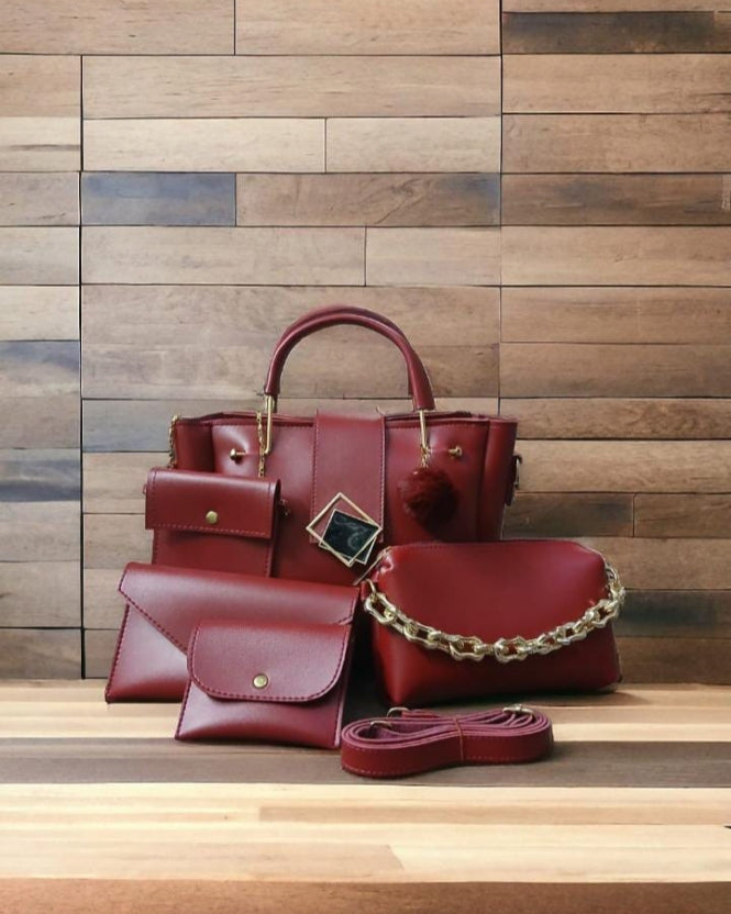 5-Piece Maroon Handbag Set: Versatile Shoulder Bag, Purse, & Clutch Combo | Bag Set | 5-in-1 Bag Combo | Ladies Shoulder Purse | Versatile Crossbody Set | Matching Handbag Wallet