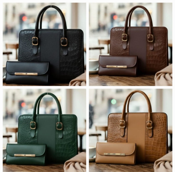 Velora Croc-Embossed Ladies Handbag Set | Matching Purse & Bag Combo | Croc pattern handbag set | Luxury faux leather purse combo | Matching ladies bag and wallet | Structured top-handle tote | Elegant embossed shoulder bag