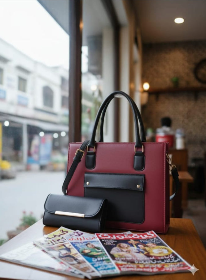 2-Piece Ladies Handbag Set with Purse | Front Pocket Tote Bag for Women | matching handbag and purse | stylish faux leather bags | women's 2 piece tote set