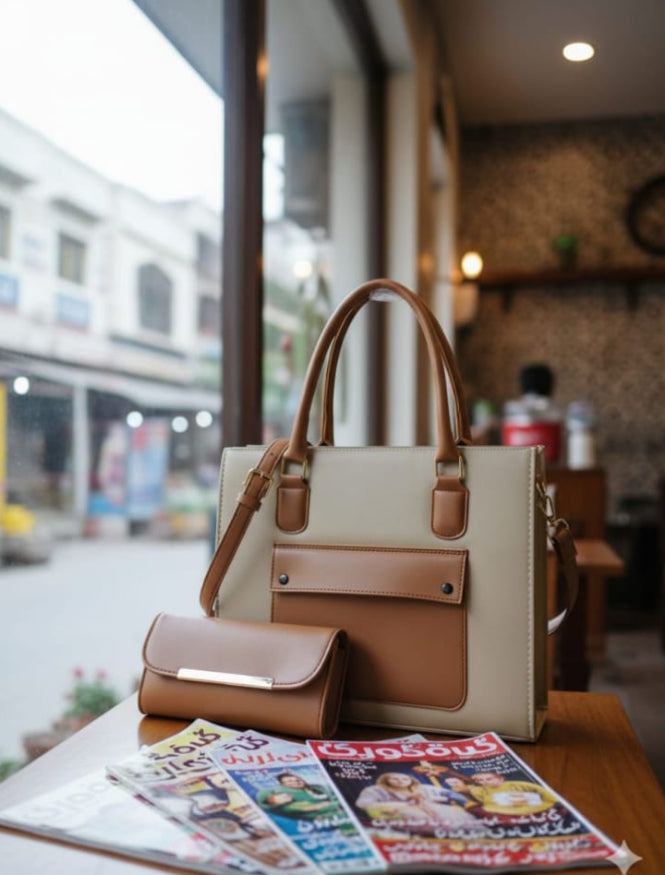 2-Piece Ladies Handbag Set with Purse | Front Pocket Tote Bag for Women | matching handbag and purse | stylish faux leather bags | women's 2 piece tote set