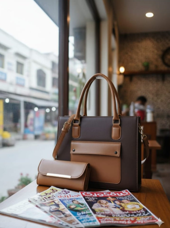 2-Piece Ladies Handbag Set with Purse | Front Pocket Tote Bag for Women | matching handbag and purse | stylish faux leather bags | women's 2 piece tote set