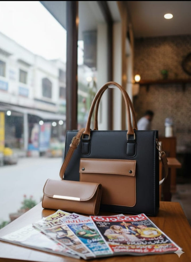 2-Piece Ladies Handbag Set with Purse | Front Pocket Tote Bag for Women | matching handbag and purse | stylish faux leather bags | women's 2 piece tote set