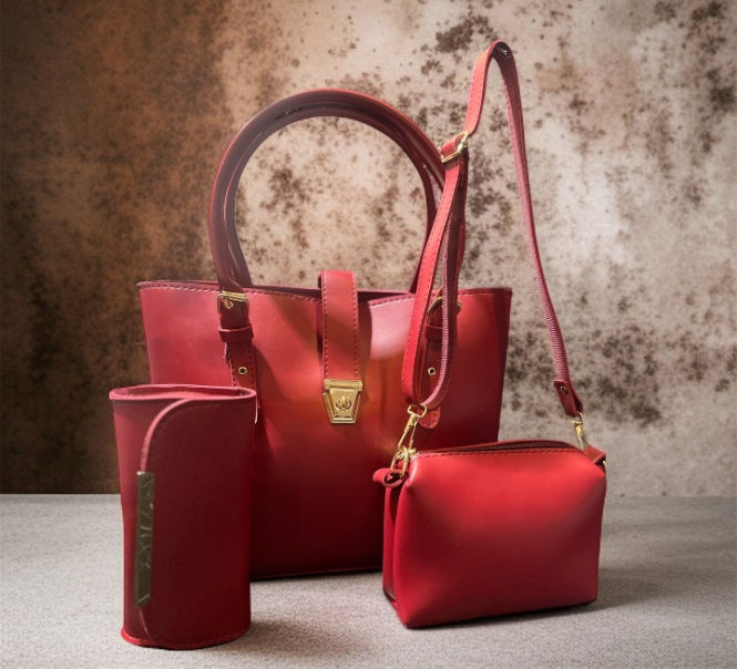 3-in-1 PU Leather Handbag Set: Shoulder Bag, Crossbody & Clutch Purse | Ladies Purse Combo | Tote Shoulder Bag Set | Vegan Leather Handbag | Designer Bag 3 Piece | Large Capacity Handbags